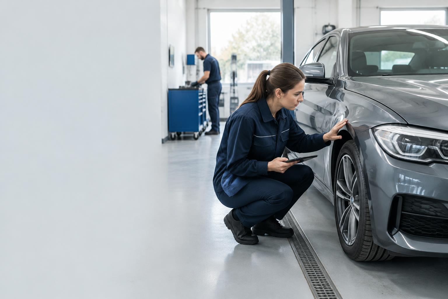 Vehicle damage assessor examining a front wing in a bright repair workshop