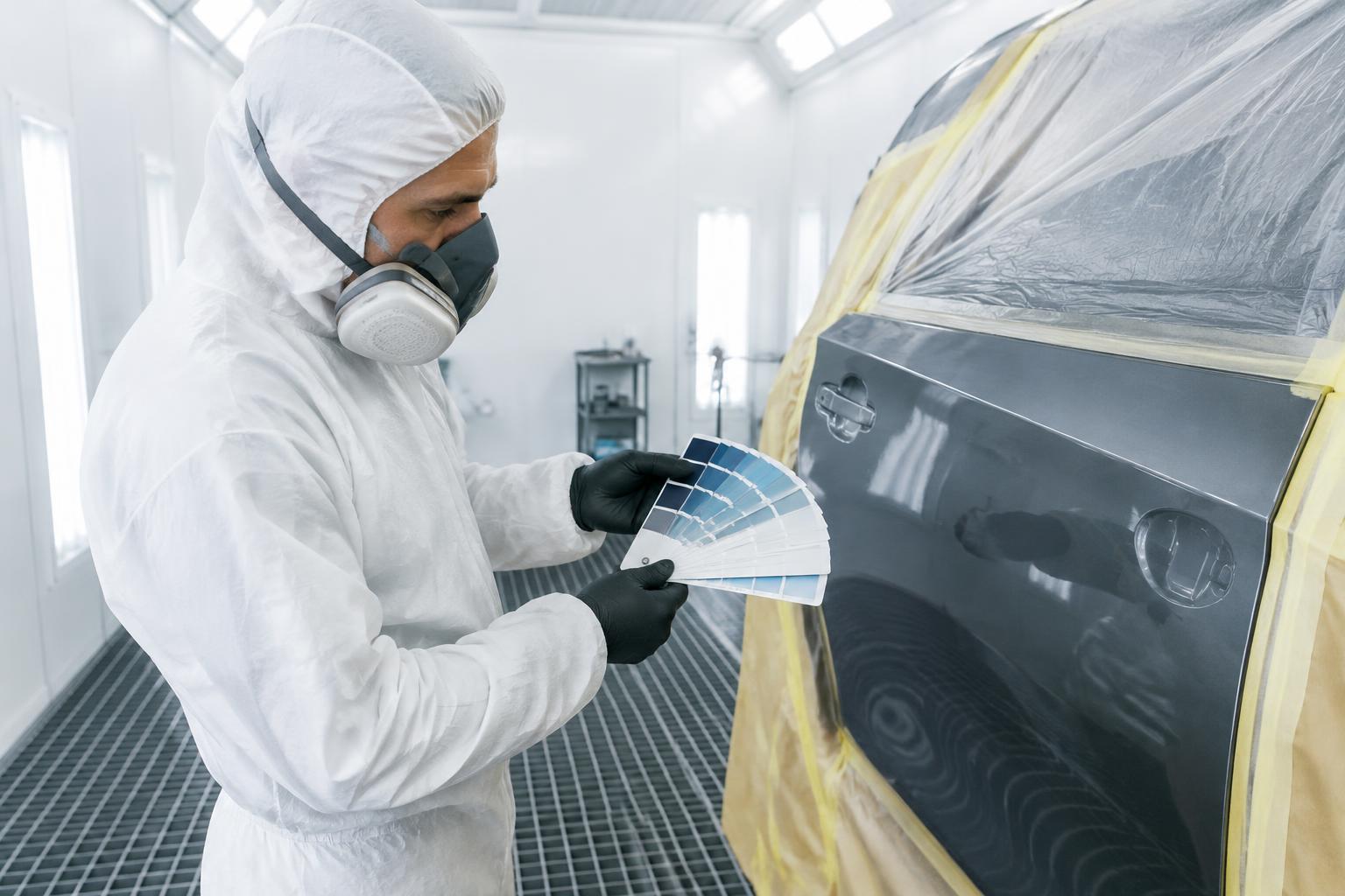 Body shop painter holding a colour sample card beside a car panel in a spray booth