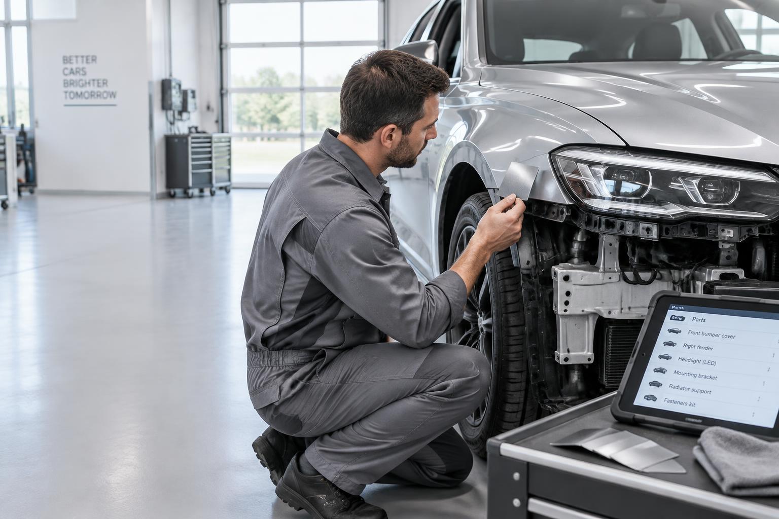 Technician comparing a silver paint sample with a car fender in a bright body shop