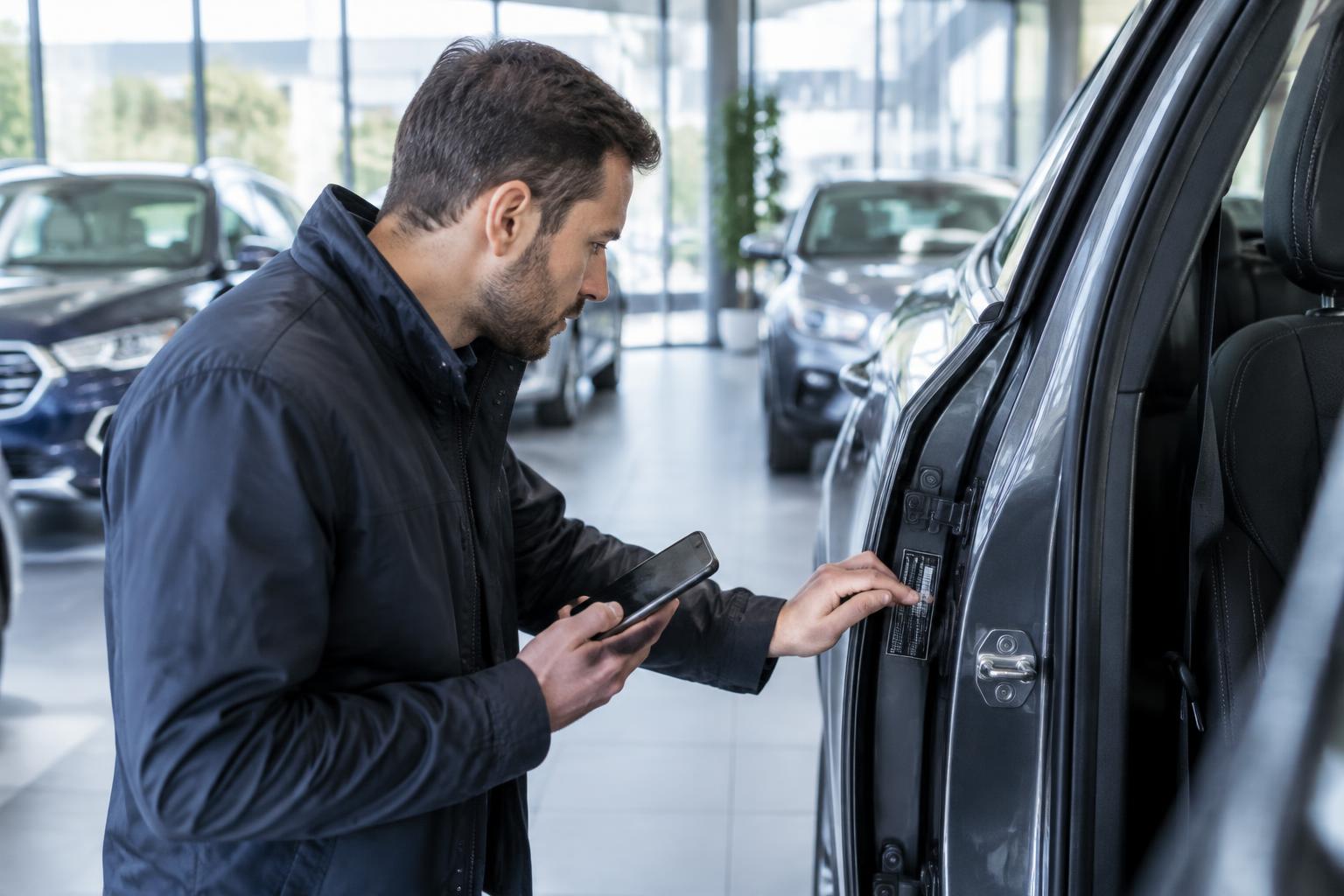 Vehicle broker checking the VIN label on a car's door post with a phone in a bright showroom