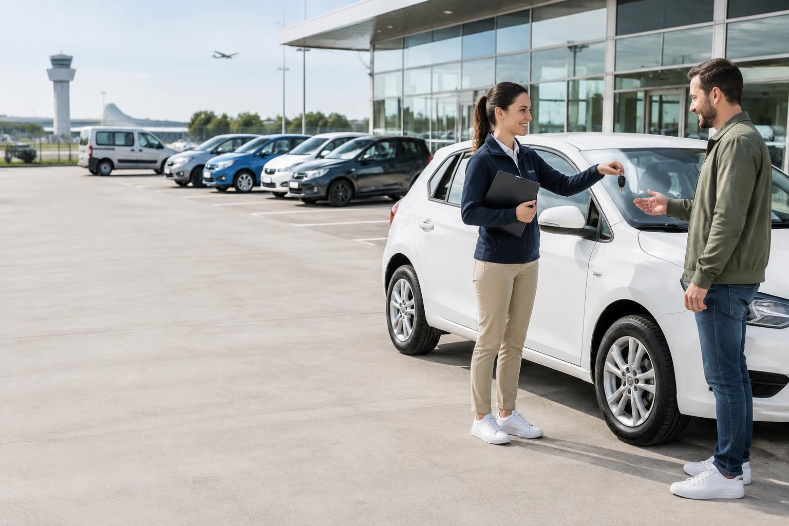 Rental branch employee handing keys to a customer beside a white compact car in an airport rental lot