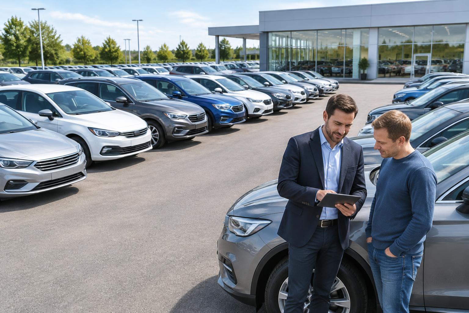 Dealer and customer reviewing a silver Passat at a dealership