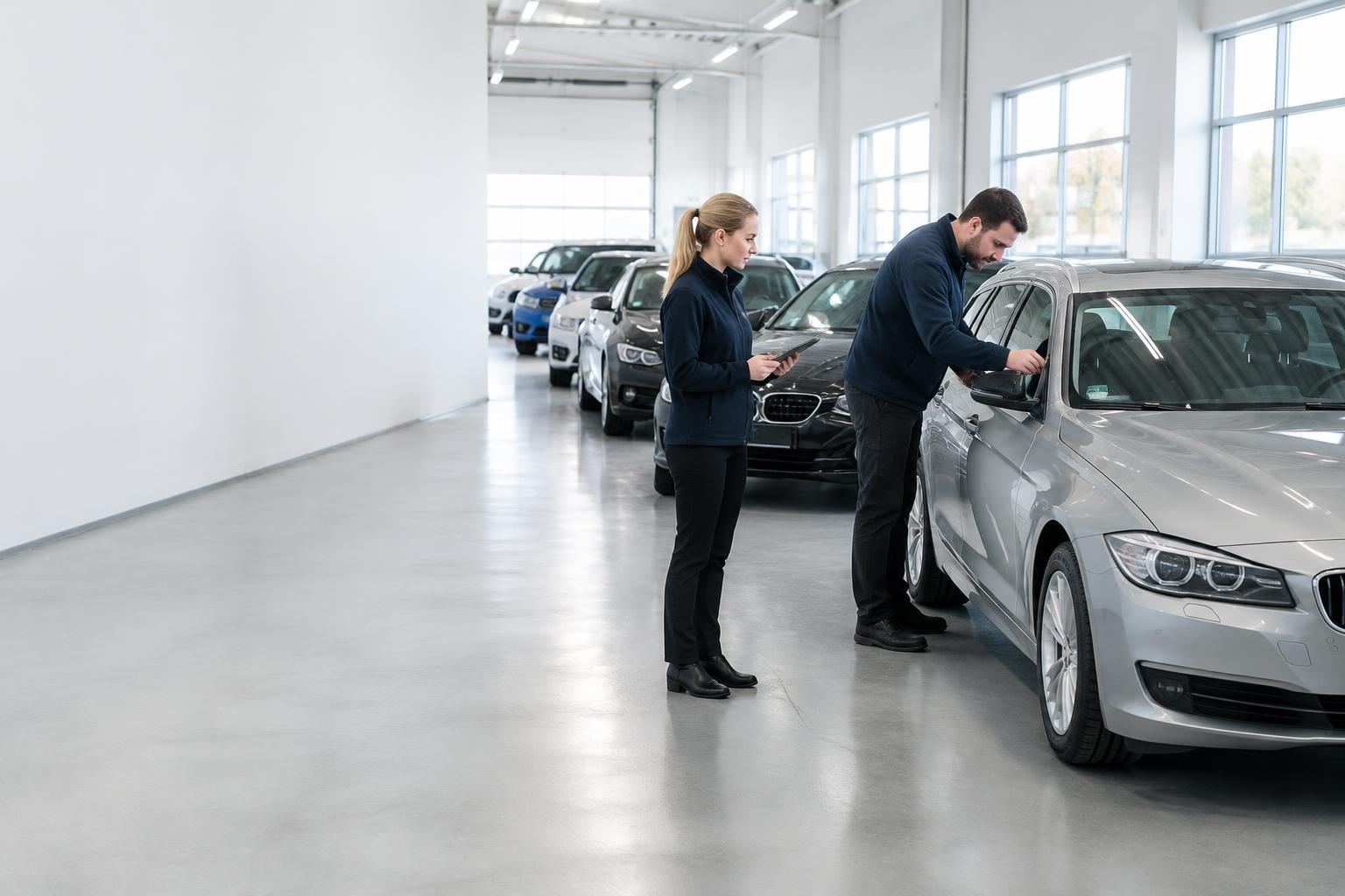 Auction intake staff checking a vehicle and preparing its listing in a bright vehicle hall