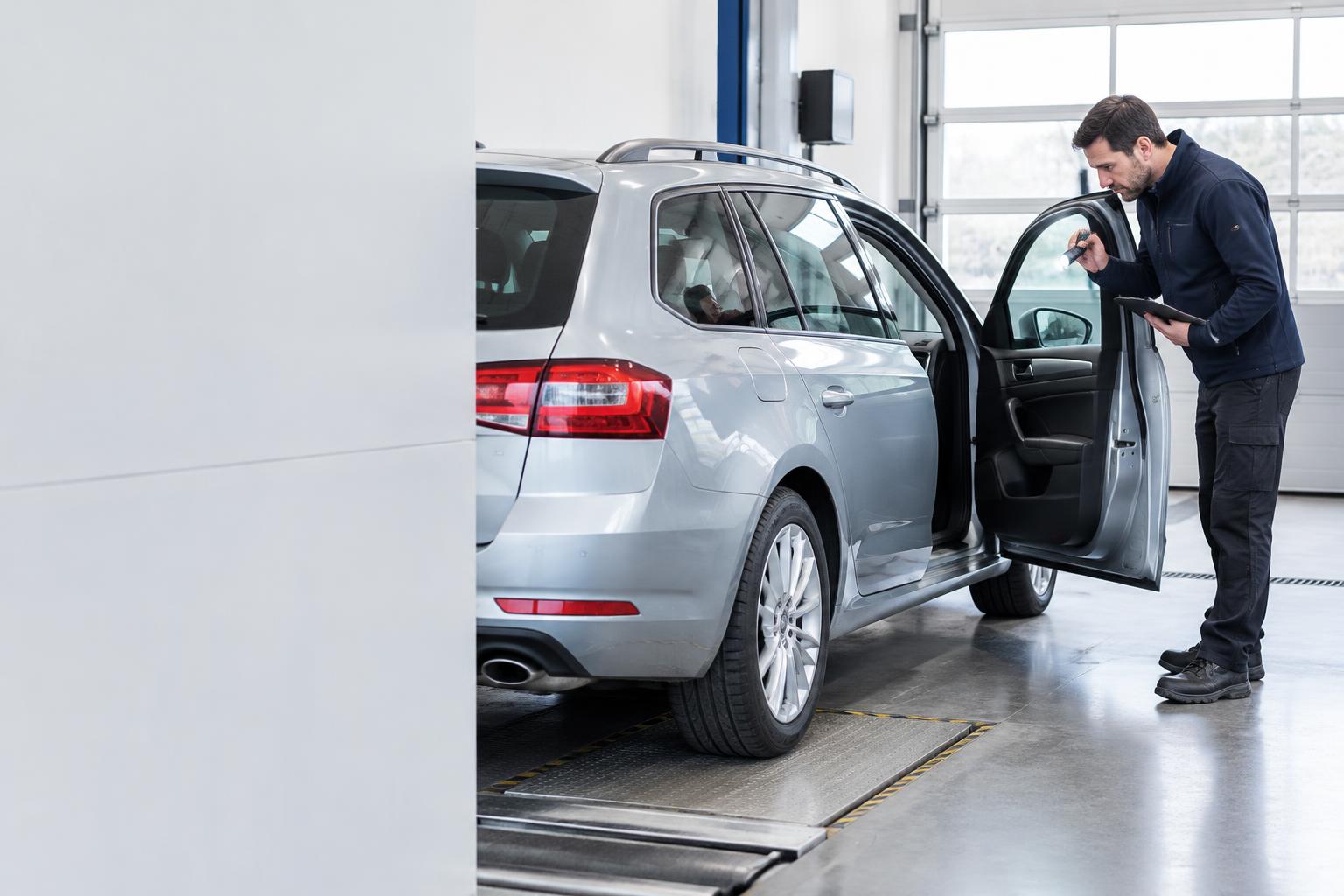 Independent vehicle inspector checking a used car at an inspection centre