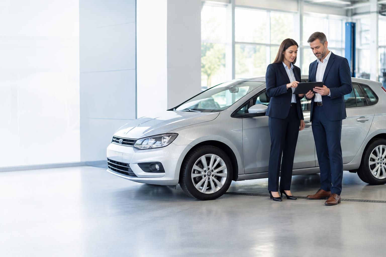 Insurance professionals reviewing a vehicle file beside a silver car in an assessment centre