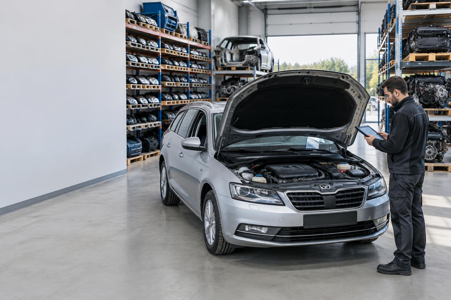 Automotive recycling technician reviewing a donor car beside organised component racks