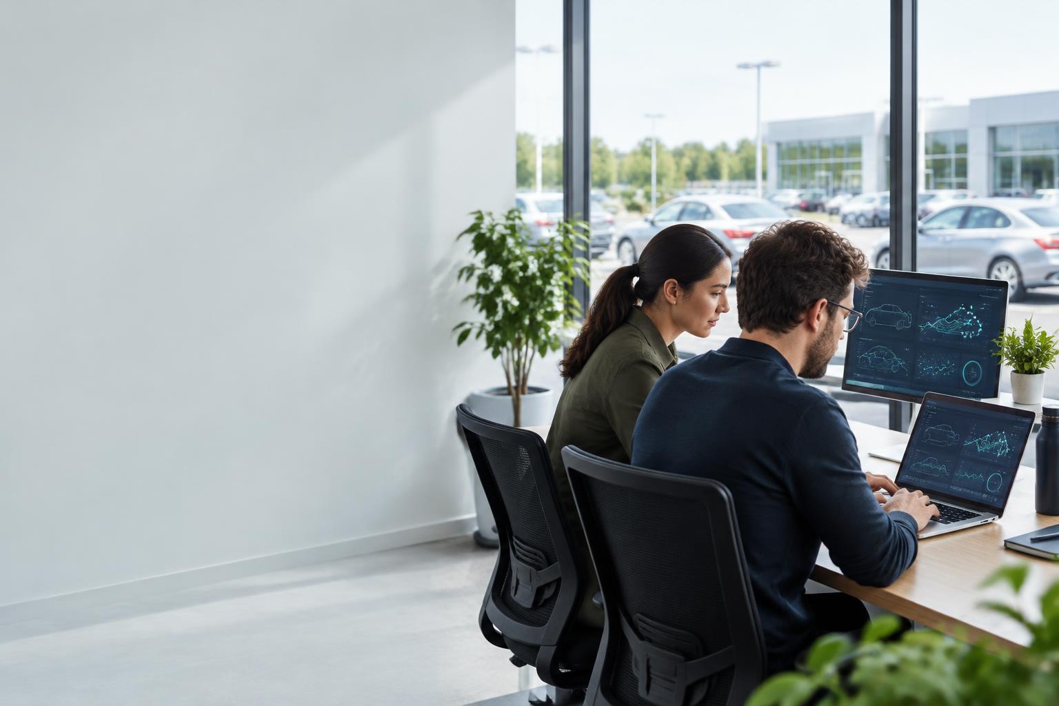 Automotive software developers reviewing vehicle data on laptops in a bright office overlooking cars